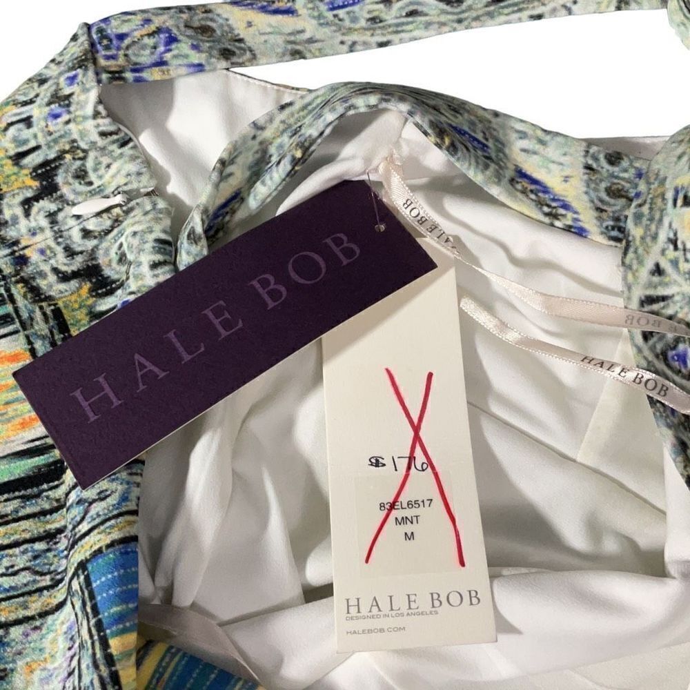 Hale Bob Geometric Colorful Lined Halter Stretch Bodycon Midi Dress V Neck M NWT - Picture 9 of 10